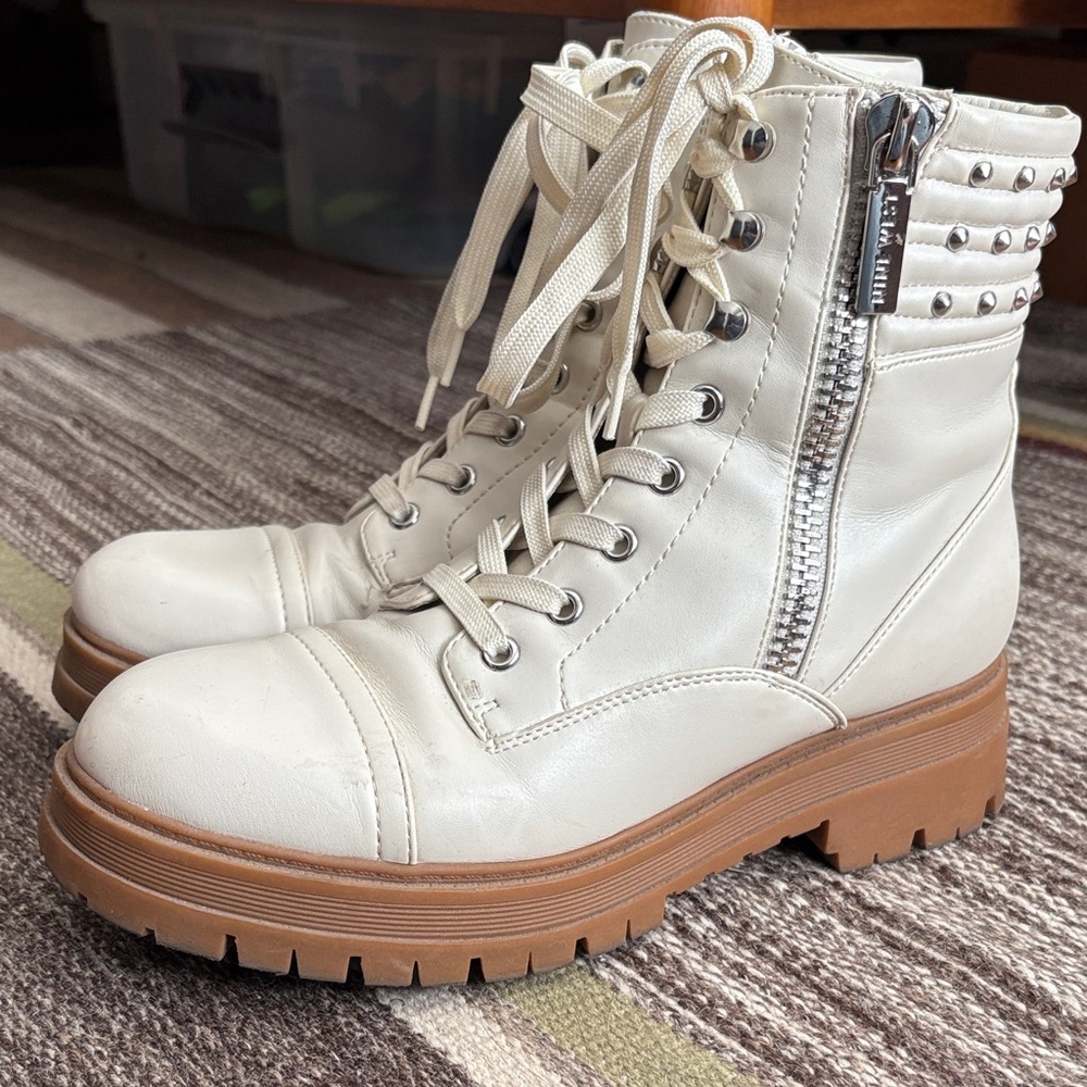 Nine West Cream Combat Boots with Studded Detail